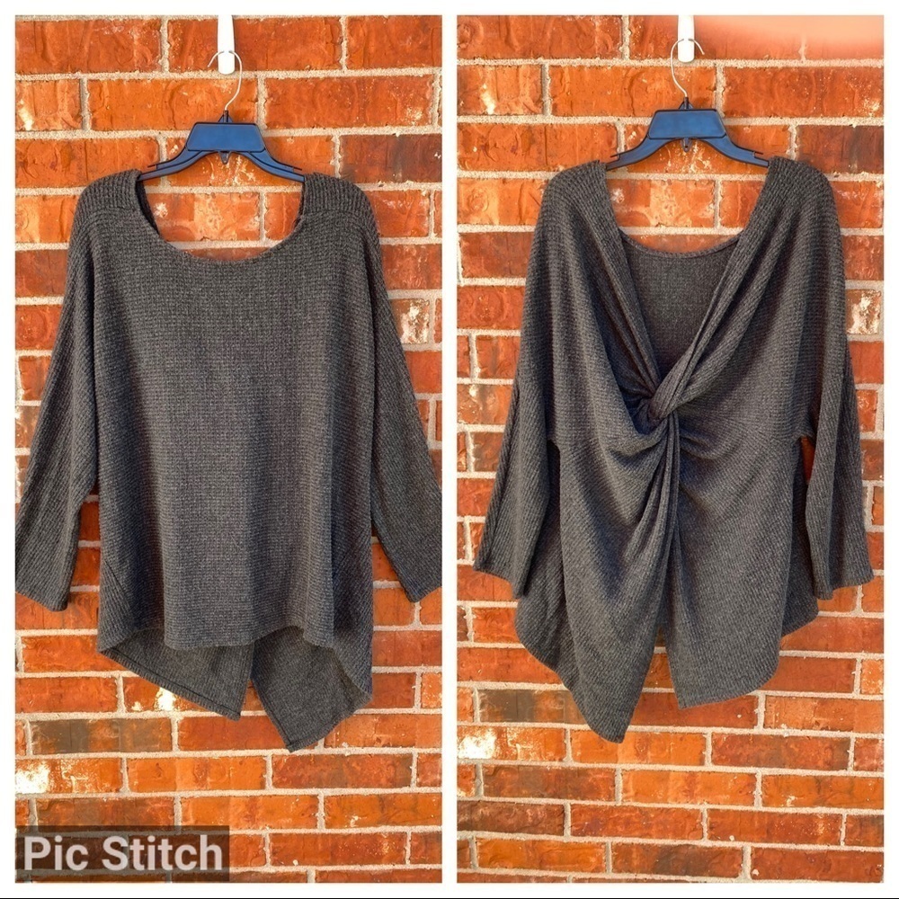 1. State Womens Large Gray Twist Vback Waffle Knit Sweater